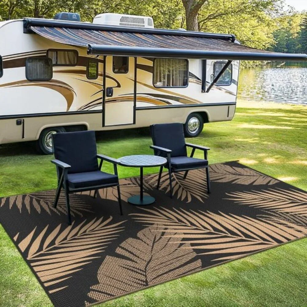 New 4x6 Black & Brown Outdoor Rug, Waterproof Reversible Patio Mat for RV & Deck